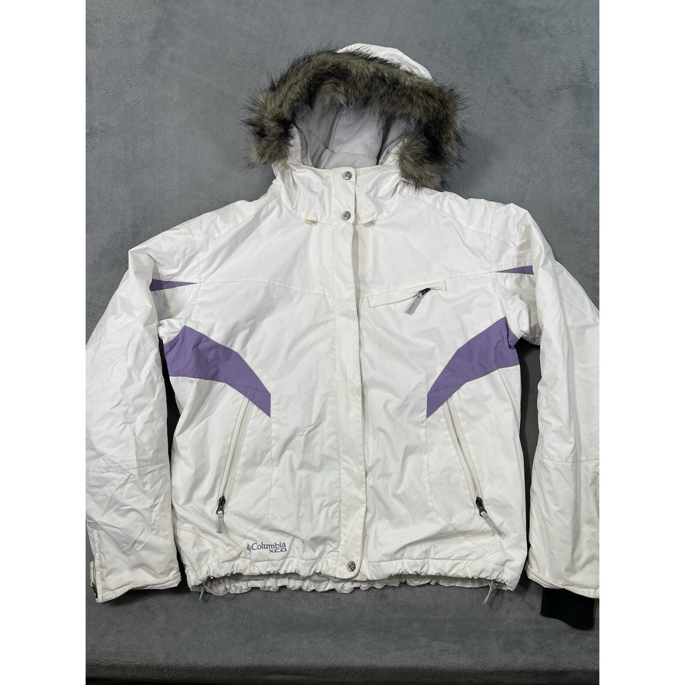 Columbia Jacket Womens XL White Purple‎ XCO Fleece Lined Faux Fur Hood Winter